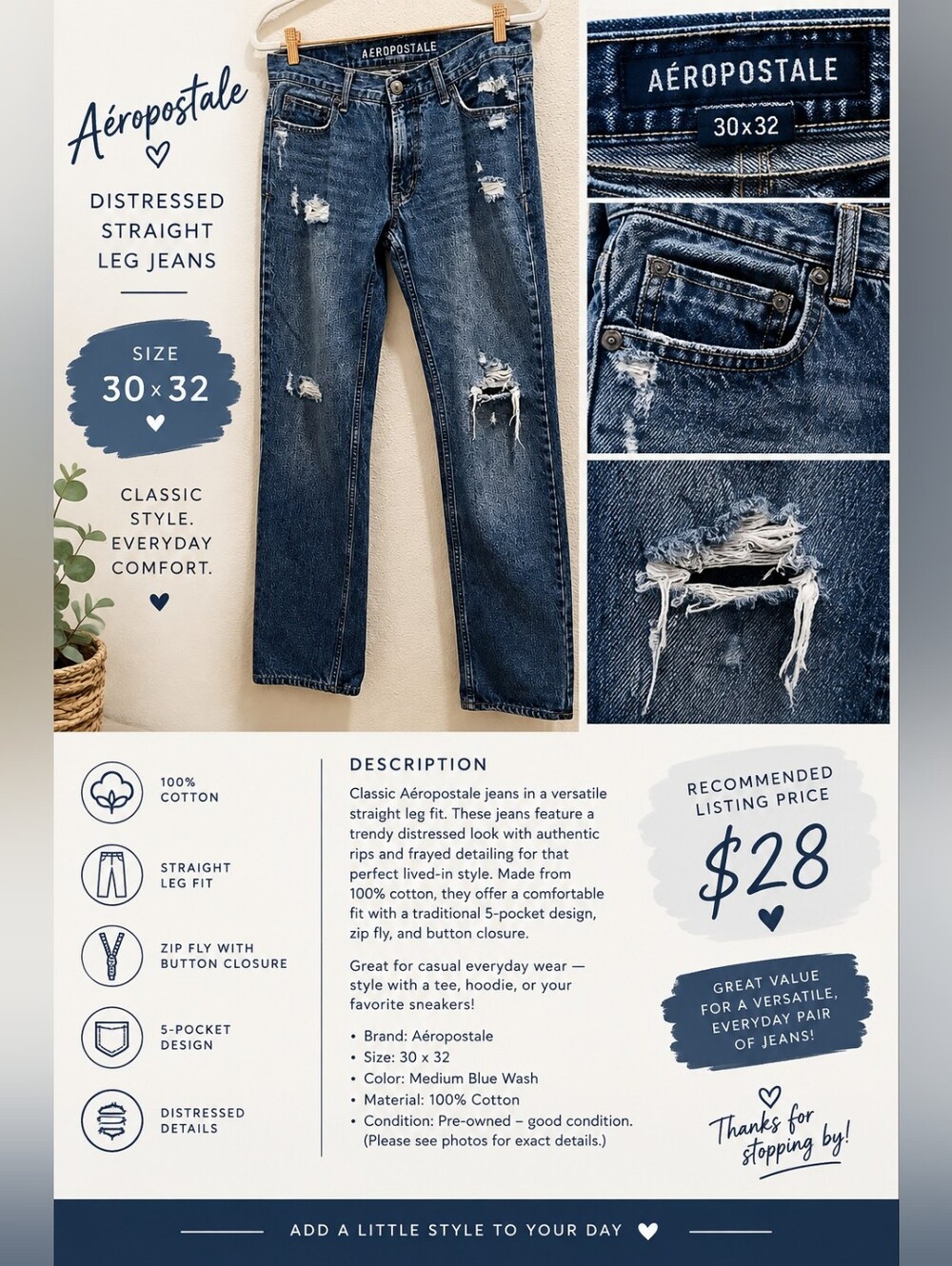 Aeropostale Men’s Distressed Medium Blue Denim  Straight Leg Jeans 30x32